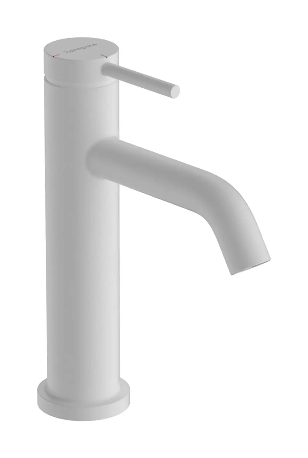 Einhebel-Waschtischmischer in Mattweiß von Hansgrohe mit schlankem Design und seitlichem Bedienhebel für die Temperatur- und Mengeneinstellung.